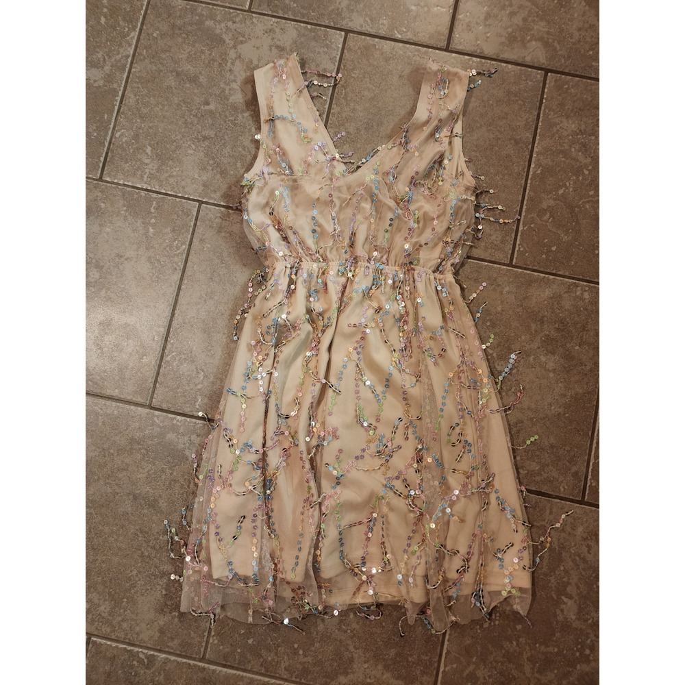Southern Fried Chics Tan Sequin Fringe Mesh V-Neck Mini Dress NWT Medium